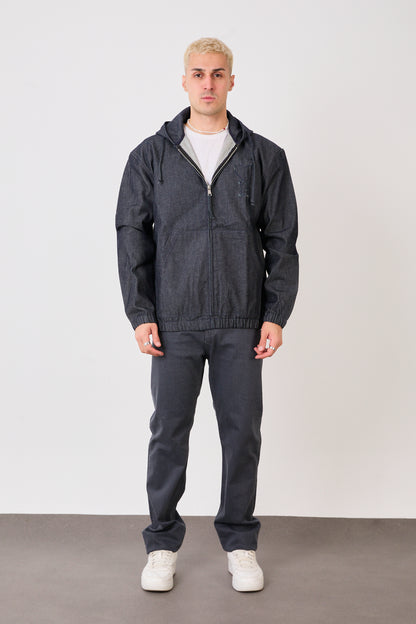 X-2029 Men’s Half-Zip Denim Hoodie Jacket – Casual Relaxed Fit