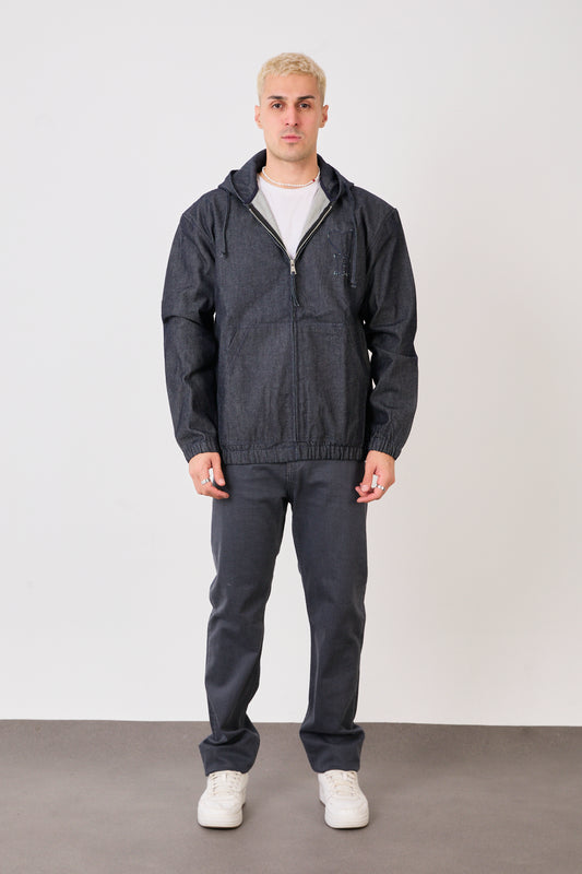 X-2029 Men’s Half-Zip Denim Hoodie Jacket – Casual Relaxed Fit