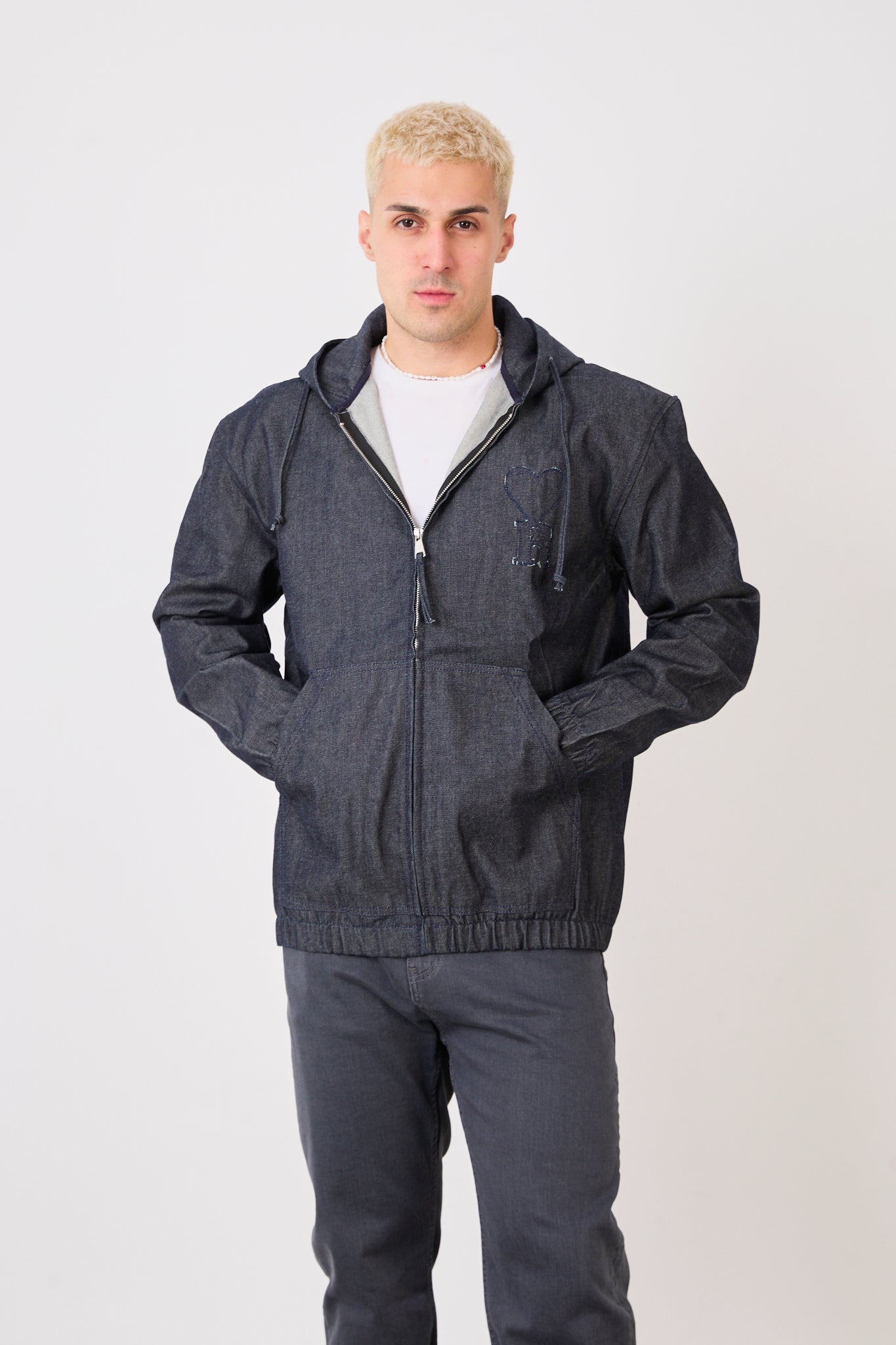 X-2029 Men’s Half-Zip Denim Hoodie Jacket – Casual Relaxed Fit