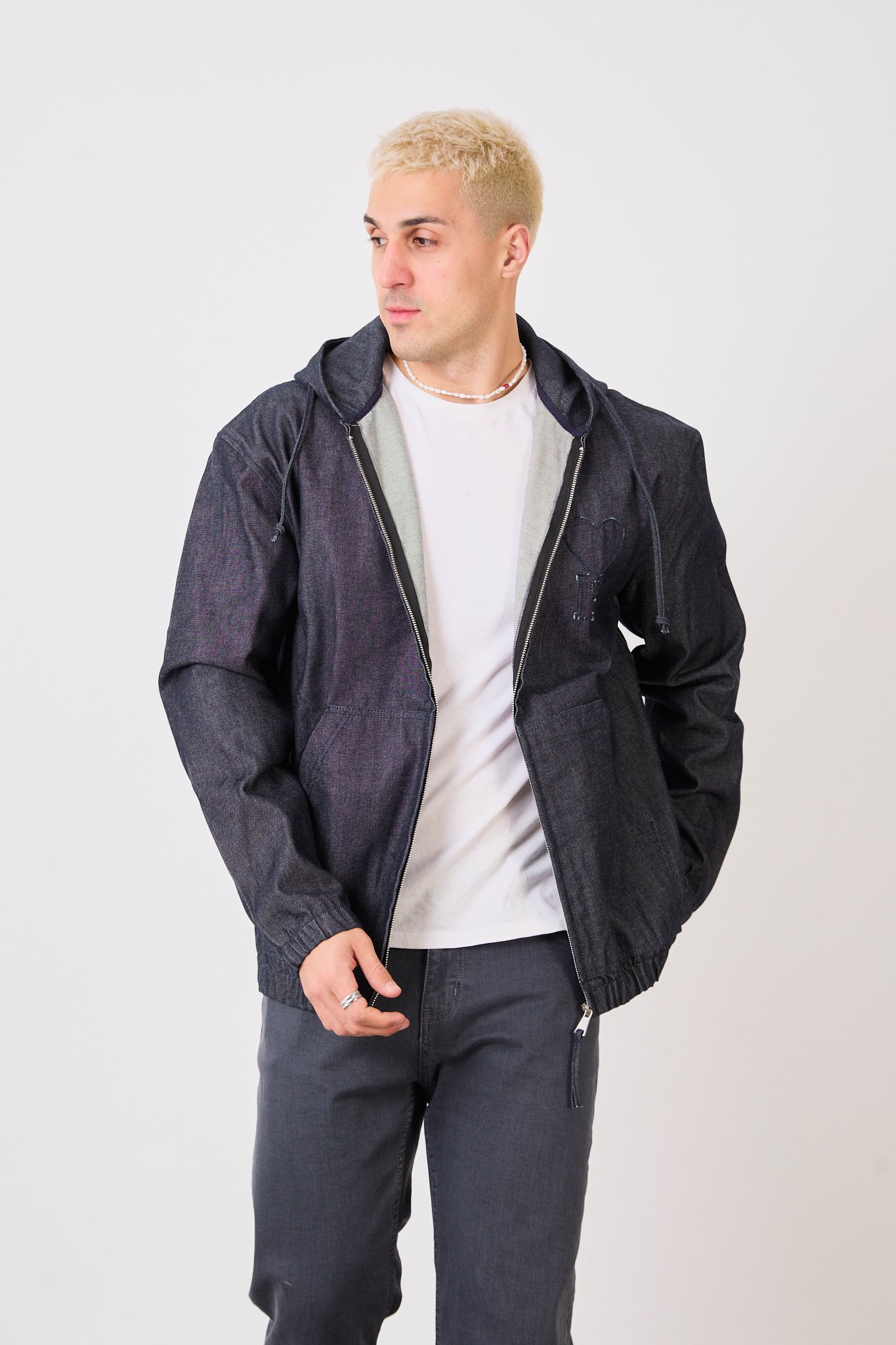 X-2029 Men’s Half-Zip Denim Hoodie Jacket – Casual Relaxed Fit