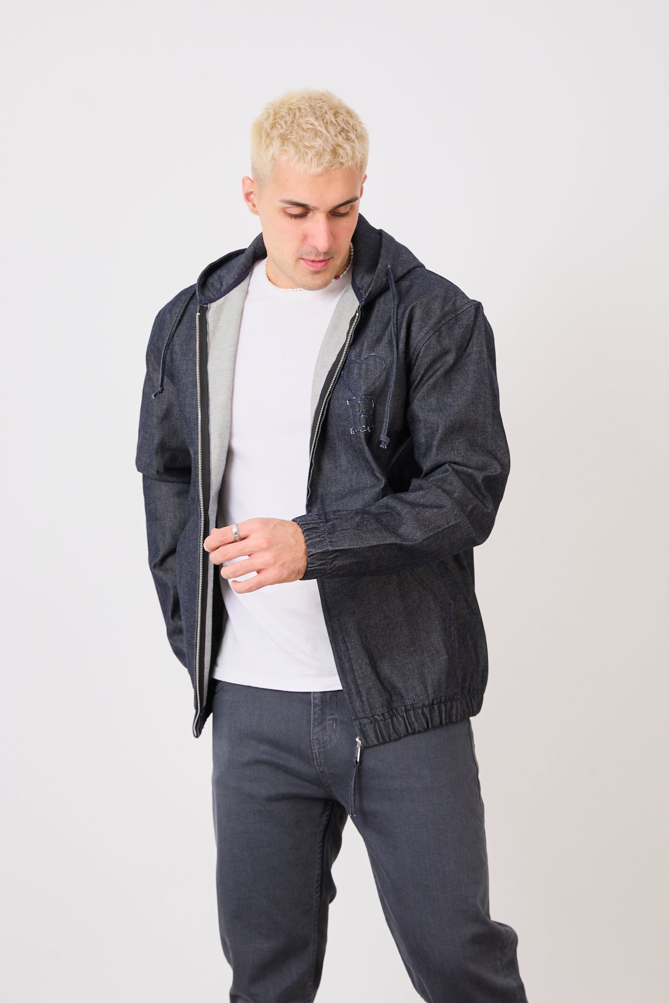 X-2029 Men’s Half-Zip Denim Hoodie Jacket – Casual Relaxed Fit