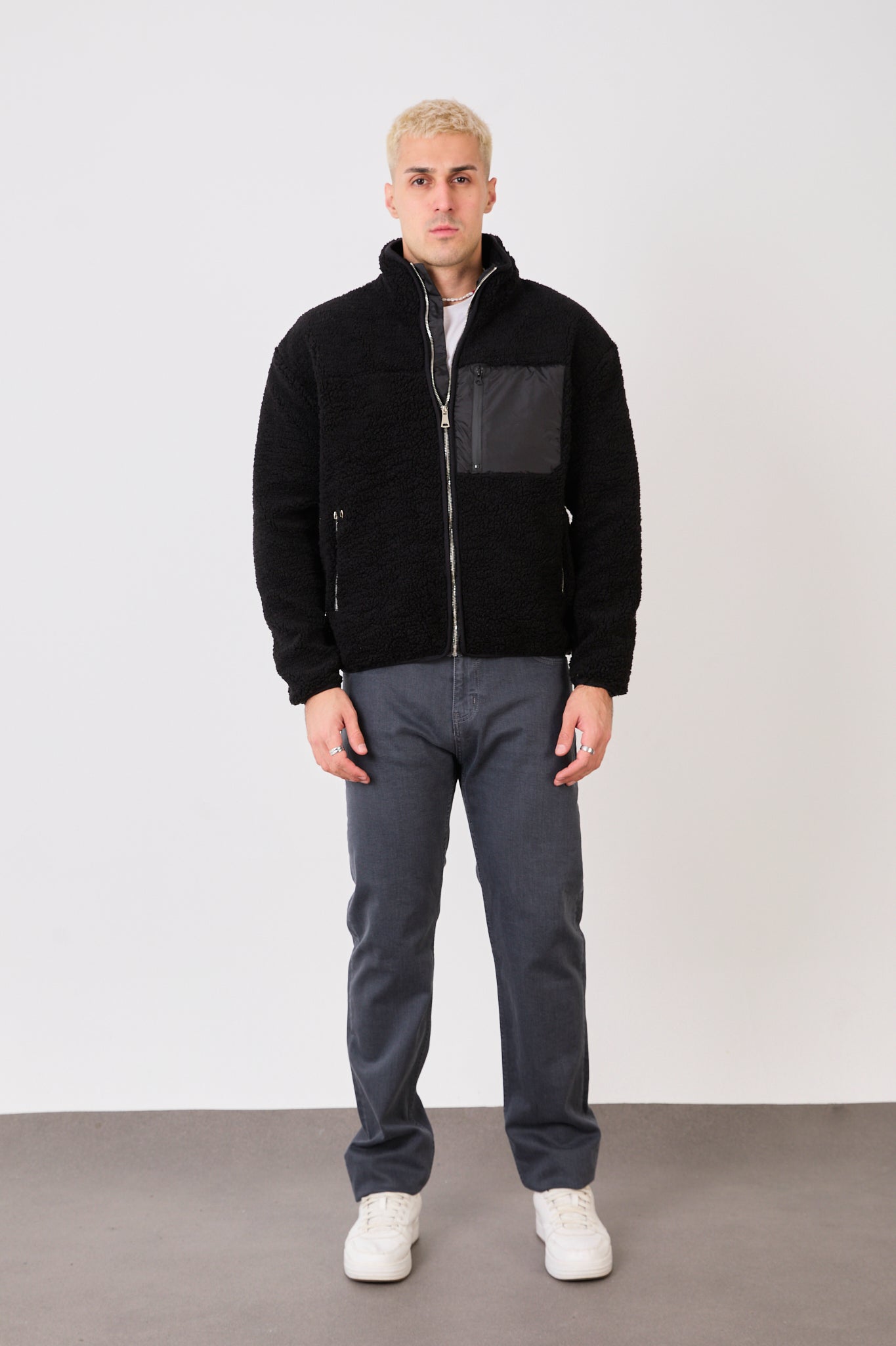 X-2043 Men’s Black Zip-Up High Neck Jacket with Contrast Pocket
