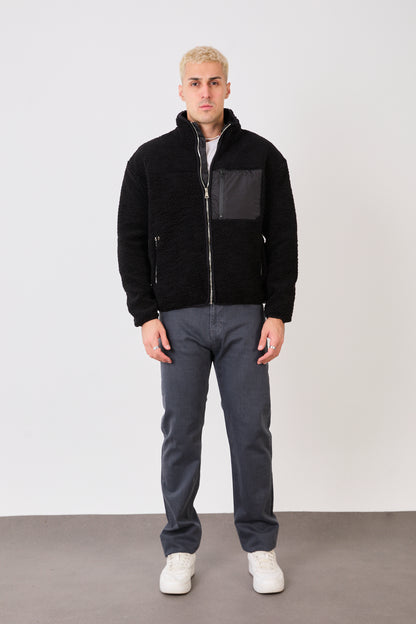 X-2043 Men’s Black Zip-Up High Neck Jacket with Contrast Pocket