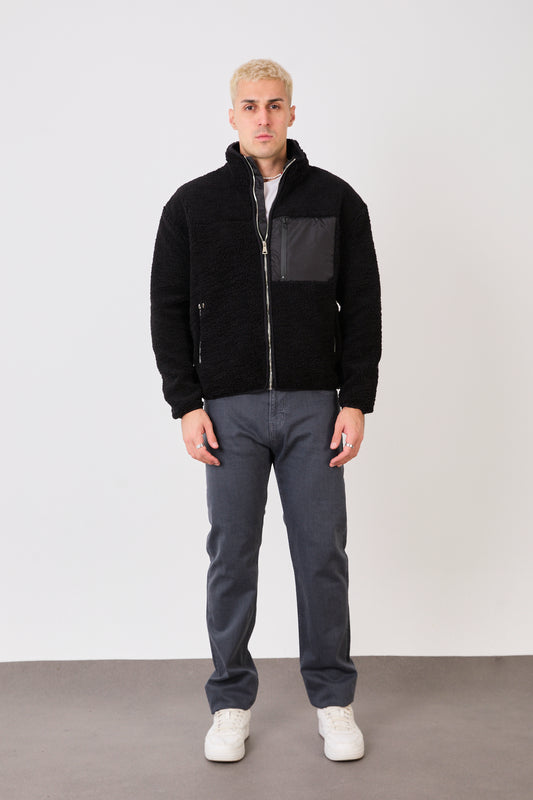 X-2043 Men’s Black Zip-Up High Neck Jacket with Contrast Pocket