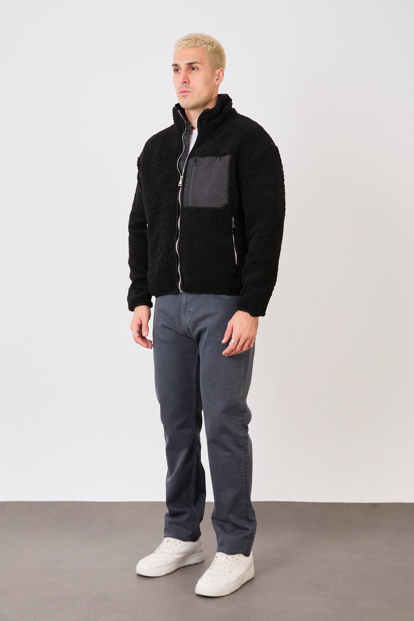 X-2043 Men’s Black Zip-Up High Neck Jacket with Contrast Pocket