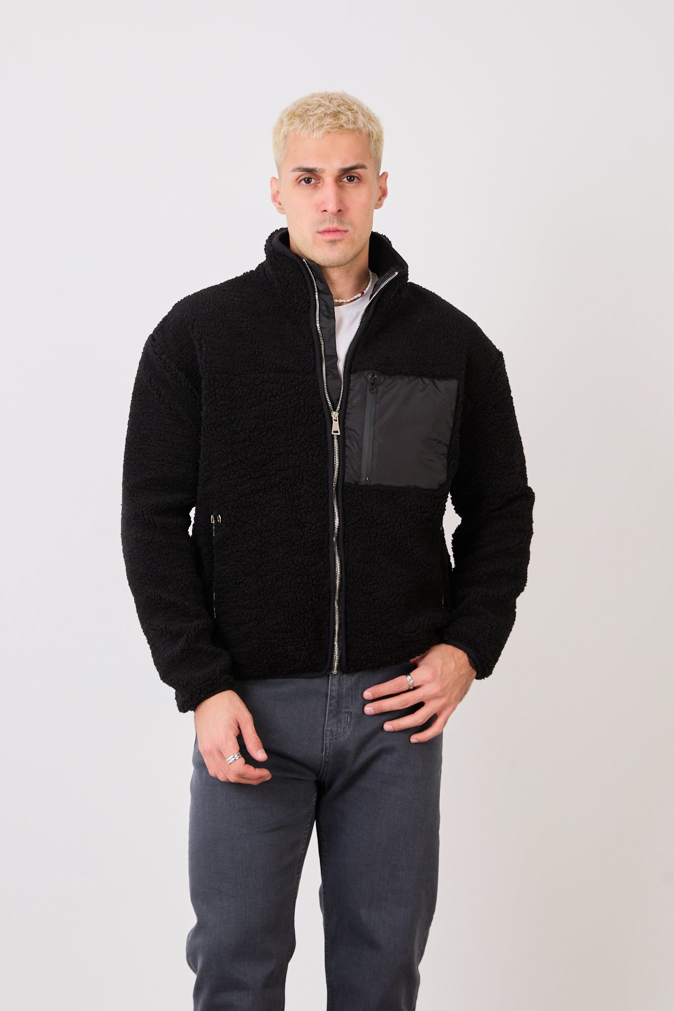 X-2043 Men’s Black Zip-Up High Neck Jacket with Contrast Pocket