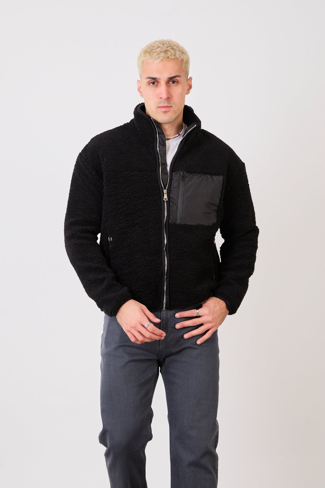 X-2043 Men’s Black Zip-Up High Neck Jacket with Contrast Pocket