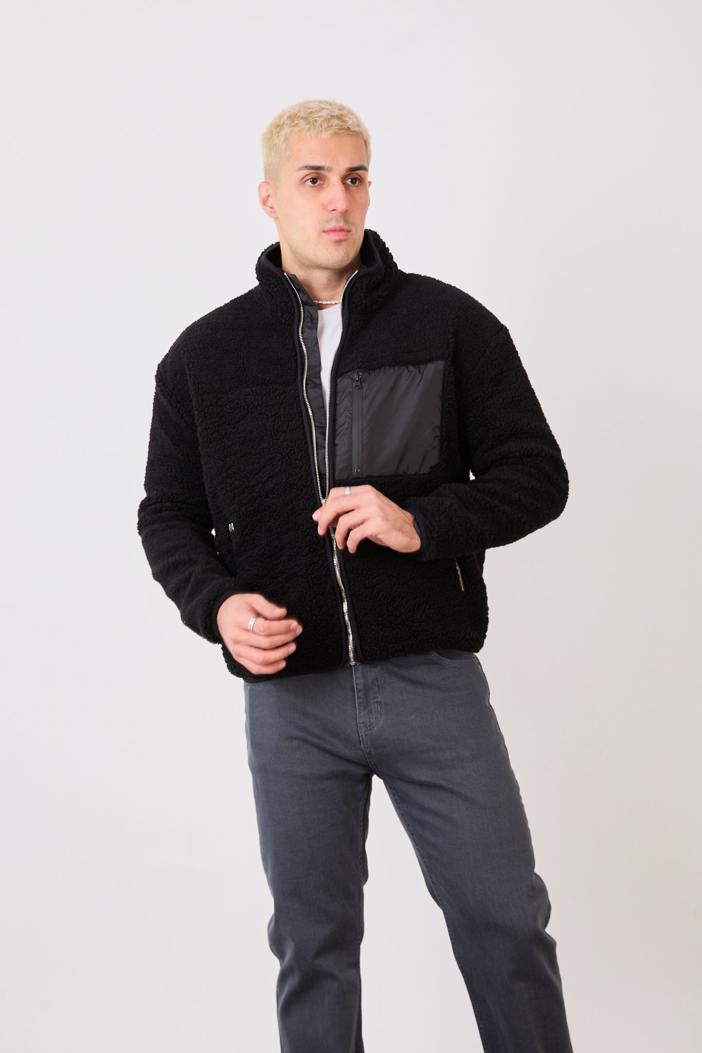 X-2043 Men’s Black Zip-Up High Neck Jacket with Contrast Pocket