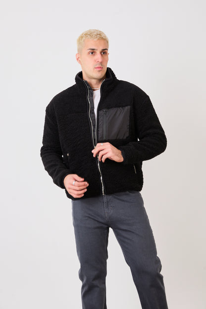 X-2043 Men’s Black Zip-Up High Neck Jacket with Contrast Pocket