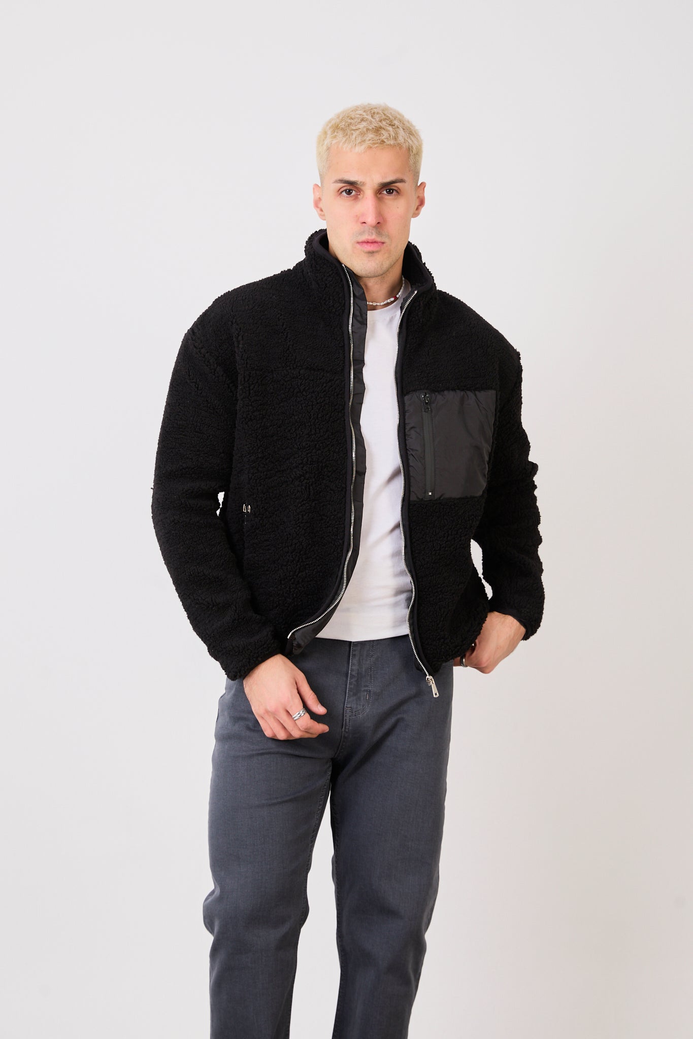 X-2043 Men’s Black Zip-Up High Neck Jacket with Contrast Pocket