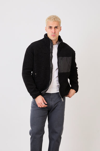 X-2043 Men’s Black Zip-Up High Neck Jacket with Contrast Pocket
