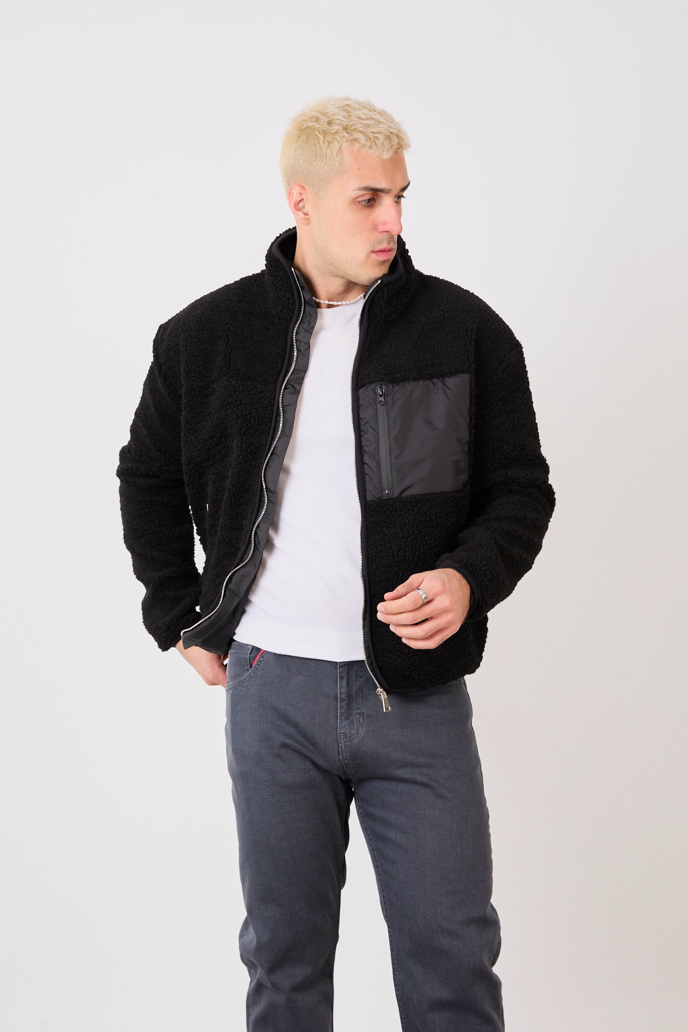 X-2043 Men’s Black Zip-Up High Neck Jacket with Contrast Pocket