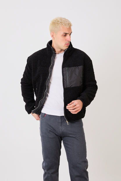 X-2043 Men’s Black Zip-Up High Neck Jacket with Contrast Pocket