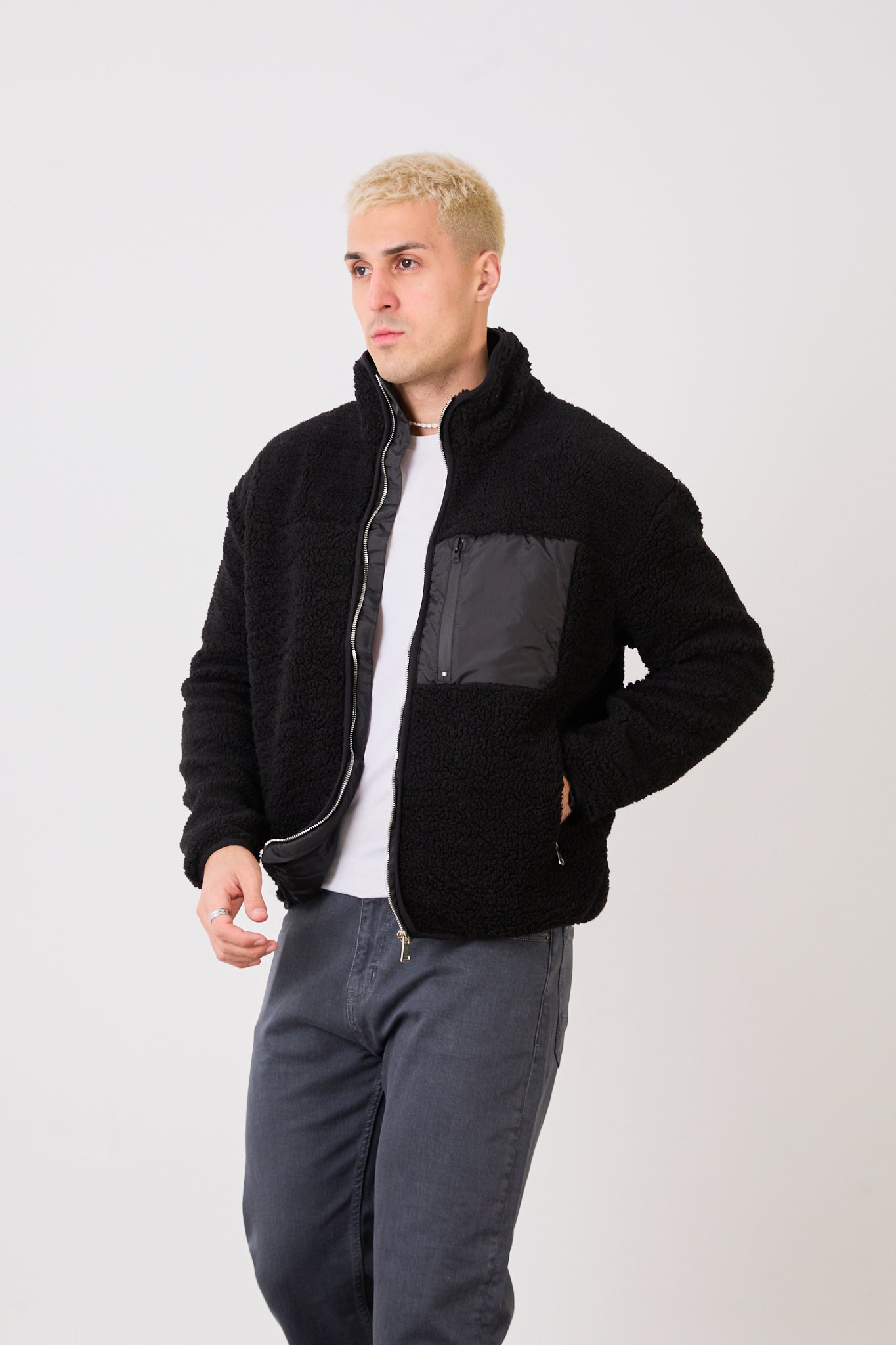 X-2043 Men’s Black Zip-Up High Neck Jacket with Contrast Pocket