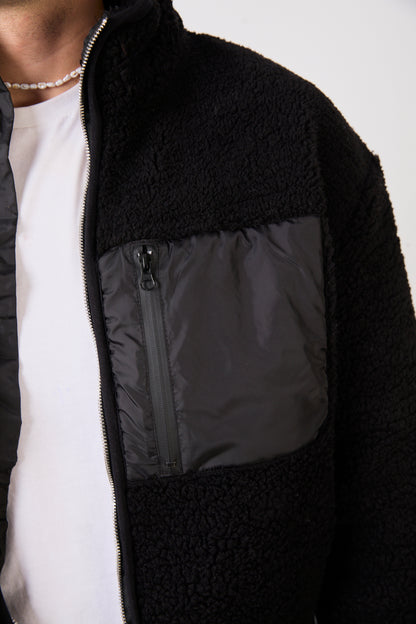 X-2043 Men’s Black Zip-Up High Neck Jacket with Contrast Pocket