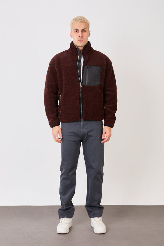 X-2043 Men’s Brown Zip-Up High Neck Jacket with Contrast Pocket