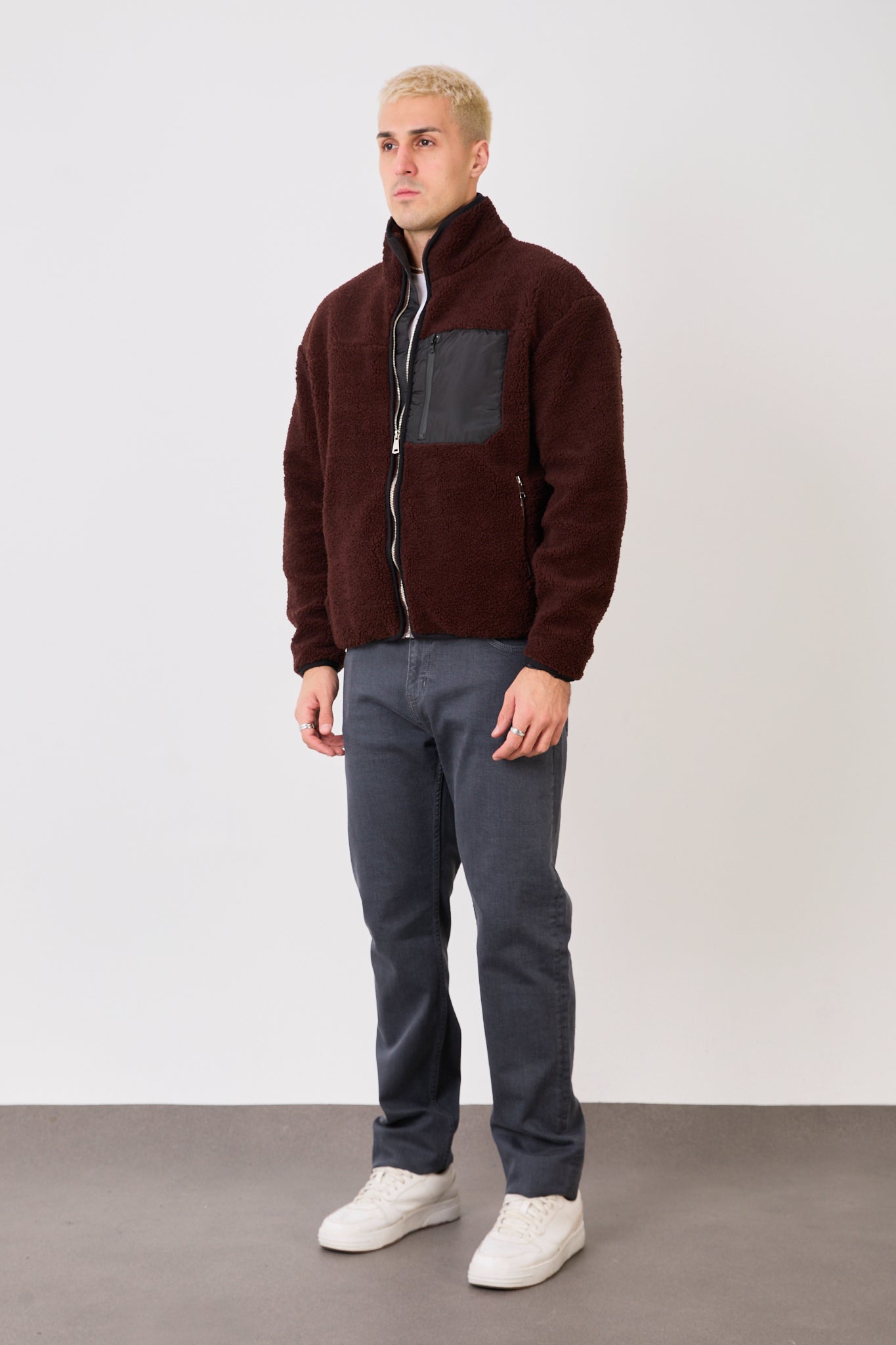 X-2043 Men’s Brown Zip-Up High Neck Jacket with Contrast Pocket