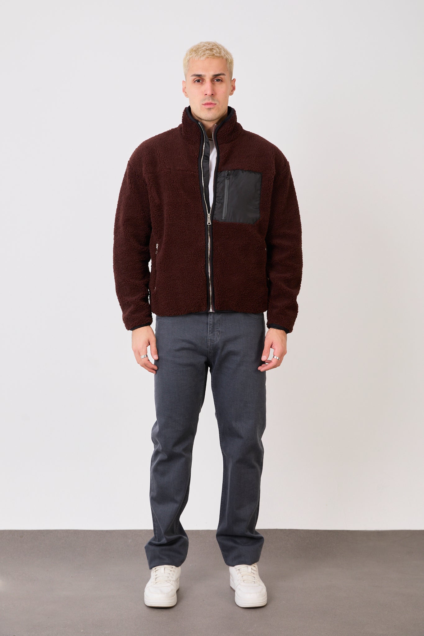 X-2043 Men’s Brown Zip-Up High Neck Jacket with Contrast Pocket