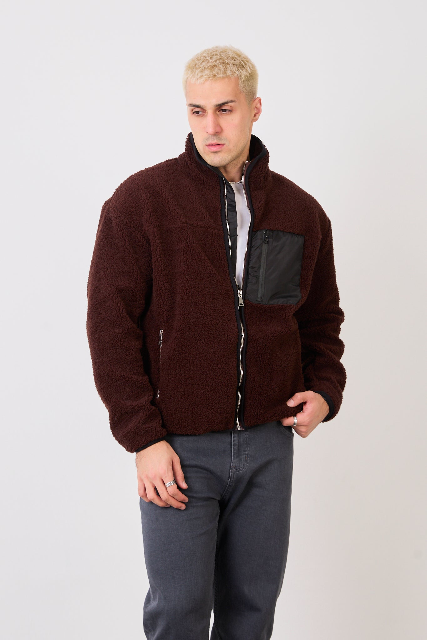 X-2043 Men’s Brown Zip-Up High Neck Jacket with Contrast Pocket