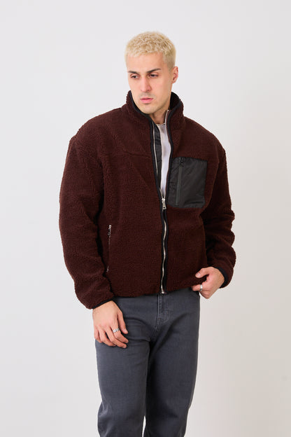 X-2043 Men’s Brown Zip-Up High Neck Jacket with Contrast Pocket