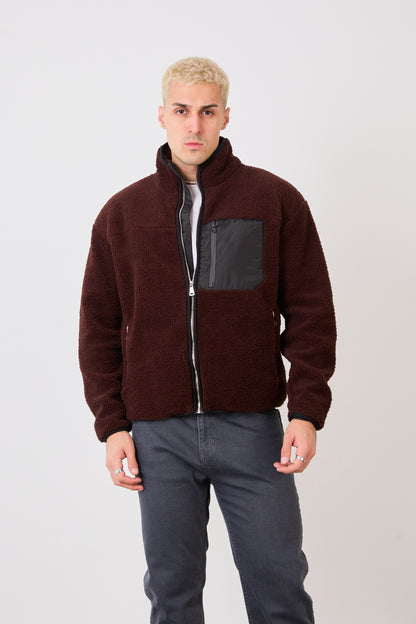 X-2043 Men’s Brown Zip-Up High Neck Jacket with Contrast Pocket
