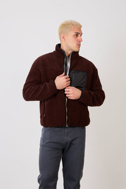 X-2043 Men’s Brown Zip-Up High Neck Jacket with Contrast Pocket