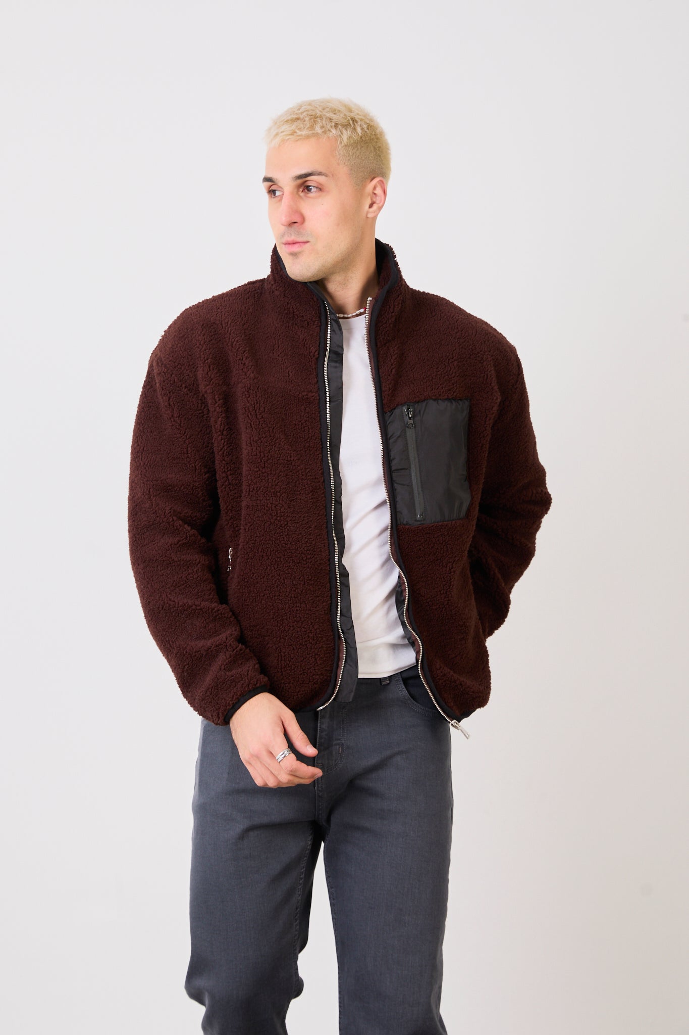 X-2043 Men’s Brown Zip-Up High Neck Jacket with Contrast Pocket