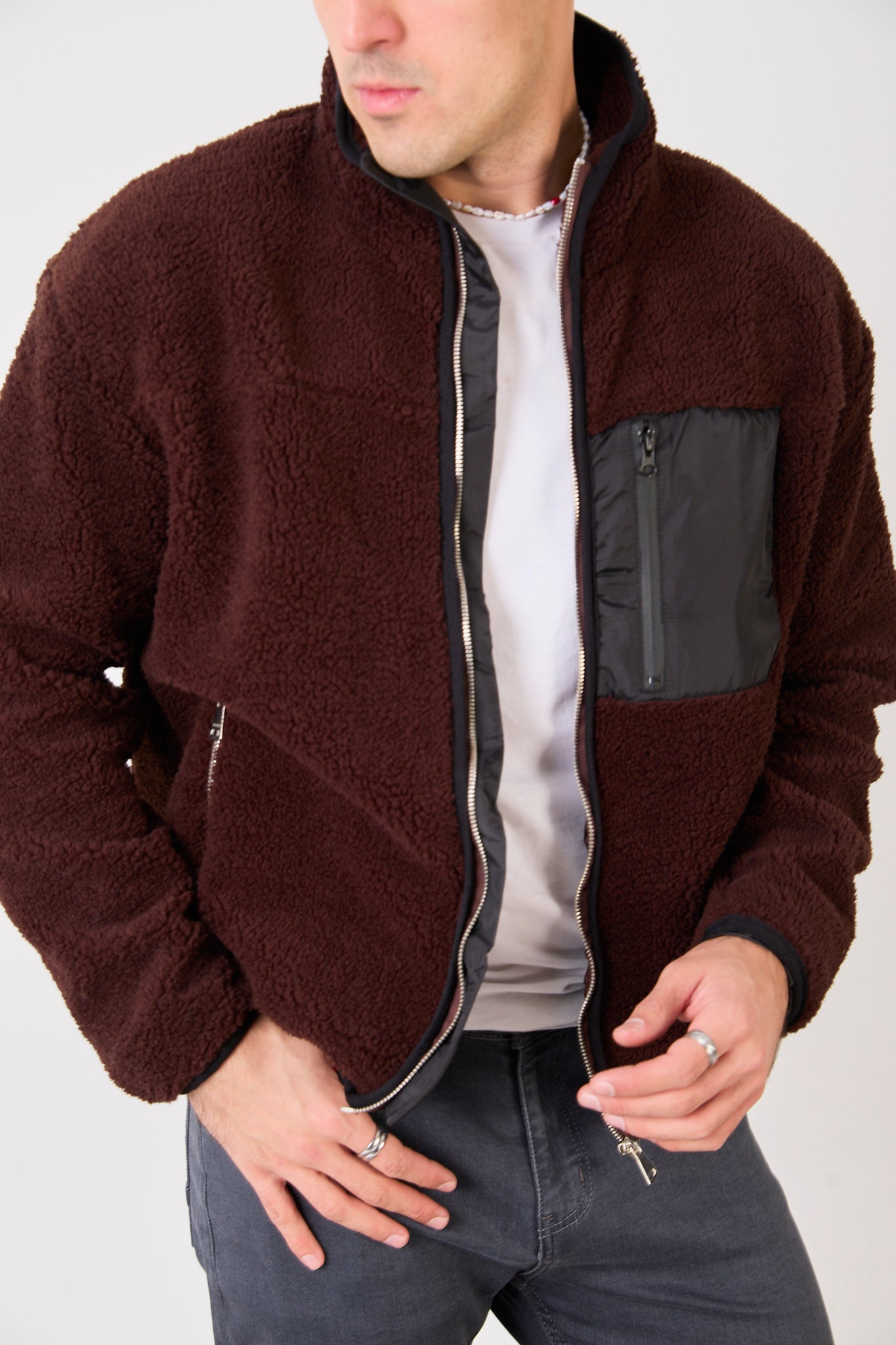 X-2043 Men’s Brown Zip-Up High Neck Jacket with Contrast Pocket