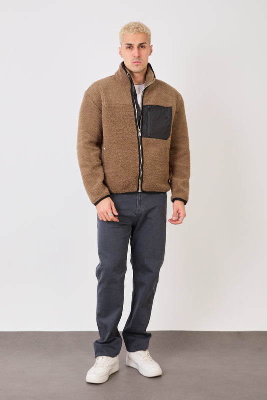 Men’s Camel Zip-Up High Neck Jacket – Contrast Pocket-X-2043