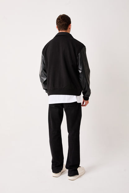 Men’s Varsity Bomber Jacket Black Zip Front Flower Appliqué Faux Leather Sleeves Ribbed Hem