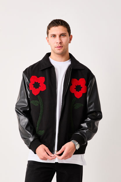 Men’s Varsity Bomber Jacket Black Zip Front Flower Appliqué Faux Leather Sleeves Ribbed Hem