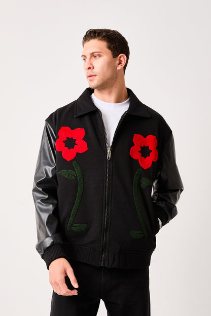 Men’s Varsity Bomber Jacket Black Zip Front Flower Appliqué Faux Leather Sleeves Ribbed Hem