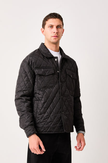 X-2019 Mens Lightweight Quilted Jacket Snap Button Black Chest Pockets