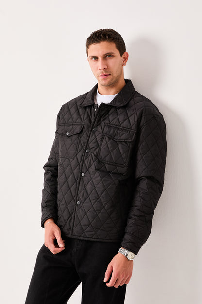 X-2019 Mens Lightweight Quilted Jacket Snap Button Black Chest Pockets