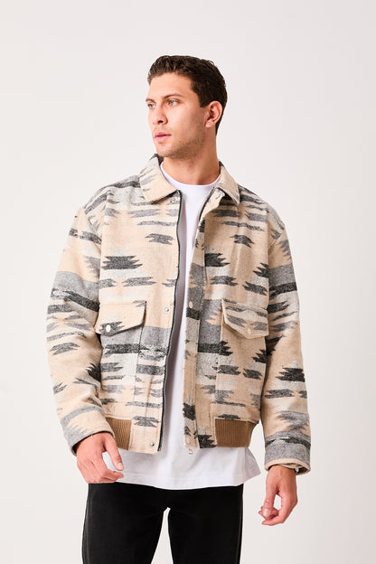 X-2007  Mens Patterned Bomber Jacket Beige Grey Zip Front Ribbed Hem