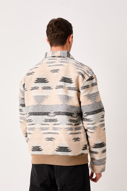 X-2007  Mens Patterned Bomber Jacket Beige Grey Zip Front Ribbed Hem