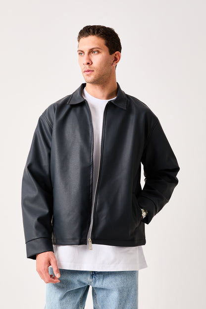 X-2011 Mens Shirt Collar Jacket Navy Zip Front Minimal Design Regular Fit