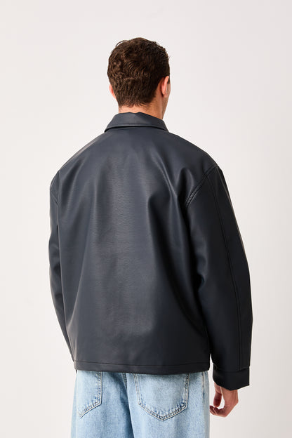 X-2011 Mens Shirt Collar Jacket Navy Zip Front Minimal Design Regular Fit