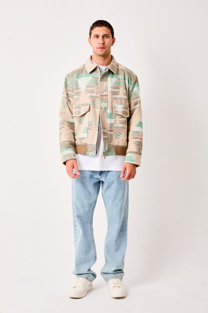 X-2007 Mens Patterned Bomber Jacket Beige Green Zip Front Ribbed Hem