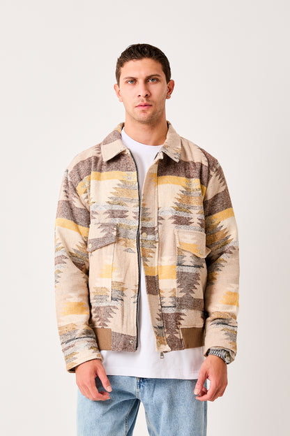 X-2007 Mens Patterned Bomber Jacket Beige Green Zip Front Ribbed Hem