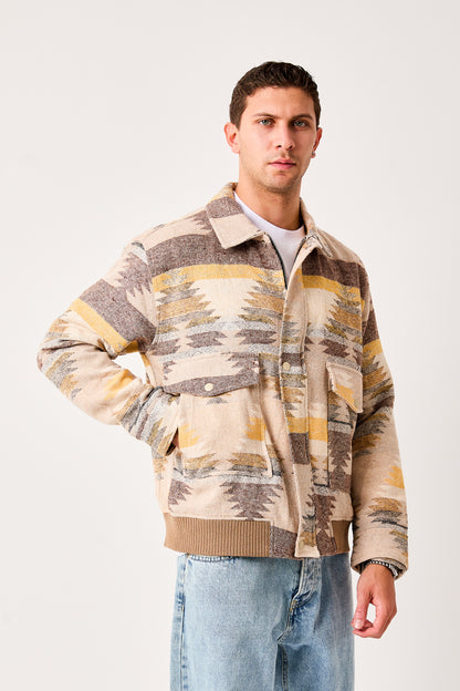 X-2007 Mens Patterned Bomber Jacket Beige Green Zip Front Ribbed Hem