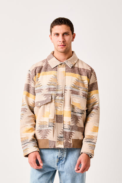 X-2007 Mens Patterned Bomber Jacket Beige Green Zip Front Ribbed Hem