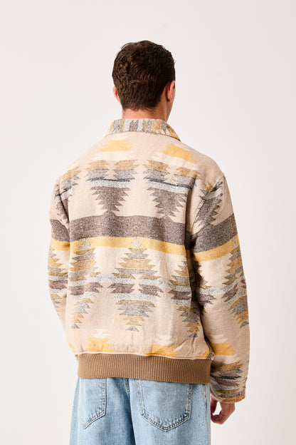 X-2007 Mens Patterned Bomber Jacket Beige Green Zip Front Ribbed Hem