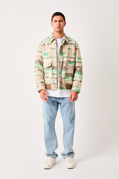 X-2007 Mens Patterned Bomber Jacket Beige Green Zip Front Ribbed Hem