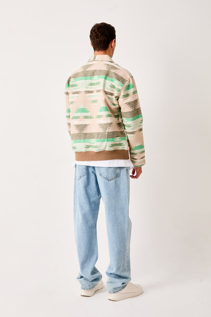 X-2007 Mens Patterned Bomber Jacket Beige Green Zip Front Ribbed Hem