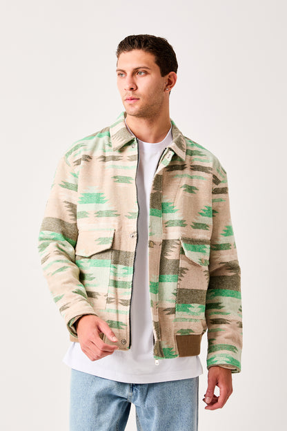 X-2007 Mens Patterned Bomber Jacket Beige Green Zip Front Ribbed Hem