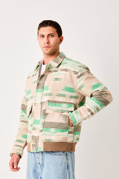 X-2007 Mens Patterned Bomber Jacket Beige Green Zip Front Ribbed Hem