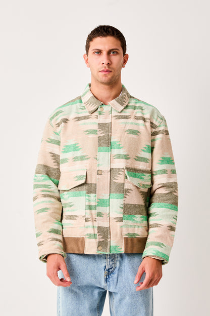 X-2007 Mens Patterned Bomber Jacket Beige Green Zip Front Ribbed Hem