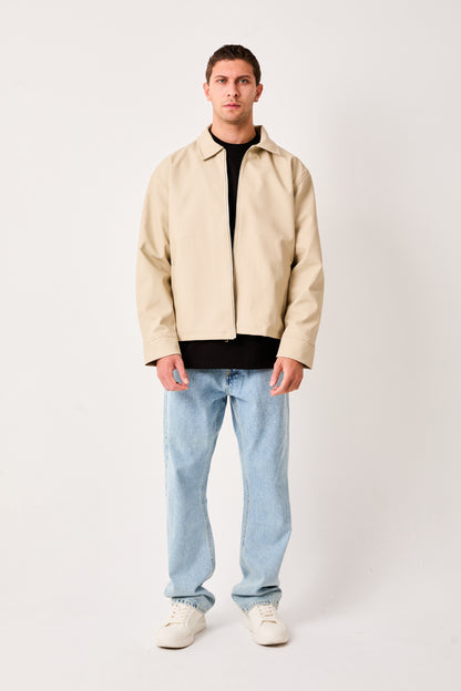 X-2011 Mens Shirt Collar Jacket Beige Zip Front Minimal Design Regular Fit