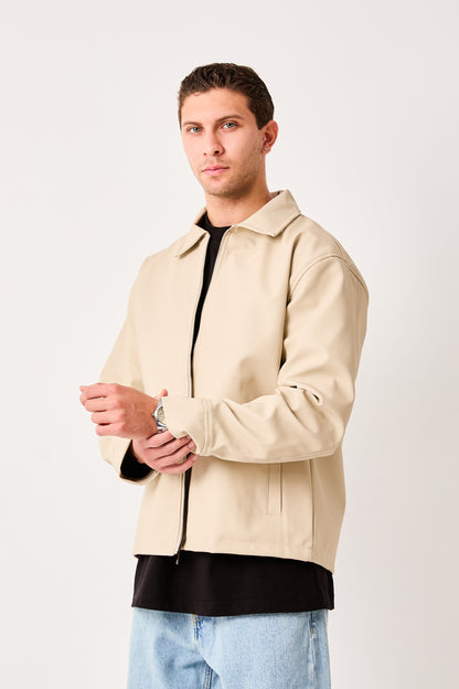 X-2011 Mens Shirt Collar Jacket Beige Zip Front Minimal Design Regular Fit